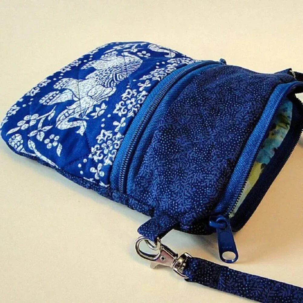 Crossbody Cell Phone Bag Handmade Asian Elephant Quilted Fabric Adjustable Strap